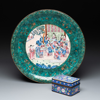 A Chinese Canton enamel dish and a rectangular covered box, 19th C.