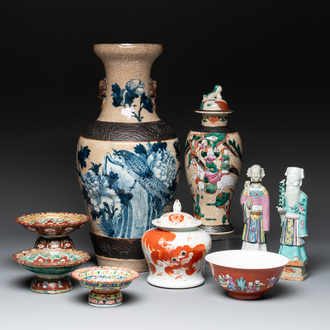 Nine famille rose and blue and white wares, signed Xu Shenmao徐甡茂, Jiaqing and Chenghua mark, 19/20th C.
