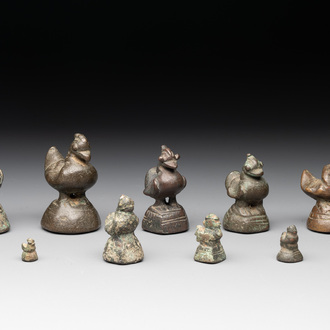 Ten Burmese bronze bird-form opium weights, 18/19th C.