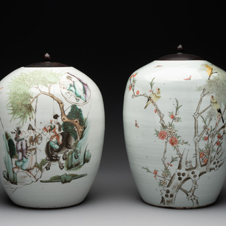 Two Chinese famille rose jars and a brush pot, signed Ju Yi Tai 聚義泰, 'B.E.E. CHINESE RESTAURANT' mark, dated 1924 and 20th C.