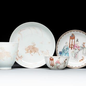 A Chinese iron-red-decorated 'boy and buffalo' cup and saucer and a famille rose 'Xi Xiang Ji' cup and saucer, Qianlong