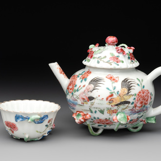 A Chinese famille rose 'rooster' teapot with applied floral design and a cup, Yongzheng/Qianlong
