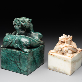 Two Chinese marble 'dragon' seals, 20th C.