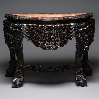 A finely carved Chinese hongmu console table with marble top, Canton, 19th C.