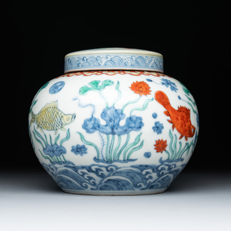 A Chinese doucai 'lotus pond with carps' jar and cover, tian 天 mark, 19/20th C.