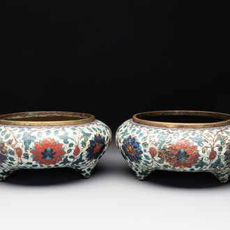 A pair of Chinese cloisonné 'lotus scroll' tripod censers, Fang Ming 仿明 mark, Qing