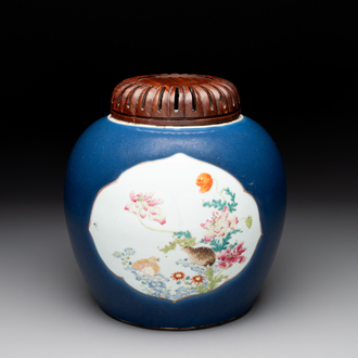 A fine Chinese blue-ground famille rose 'quails and peonies' jar and wooden cover, Qianlong