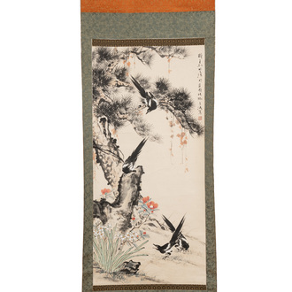 In the manner of Wang Xuetao 王雪濤 (1903-1982): 'Magpies and a pine tree', ink and colour on paper