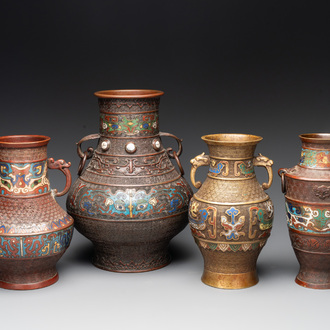 Four Japanese archaistic champlevé vases, Meiji, 19/20th C.