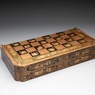 A Chinese Canton export gilt-lacquered chess and backgammon board, 19th C.