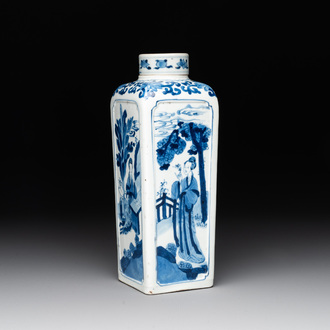 A Chinese blue and white square flask and cover with figural design, Kangxi