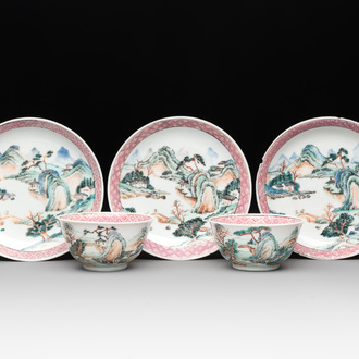 Two Chinese famille rose cups and three saucers with a fine landscape design, Yongzheng/Qianlong