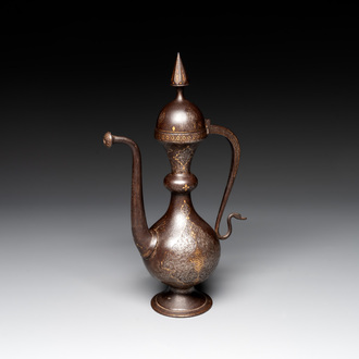 A Persian steel engraved gilt-decorated pear-shaped ewer and cover with floral design, Qajar, 19th C.