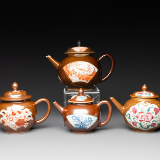 Four Chinese capucin-brown-ground teapots, Yongzheng/Qianlong