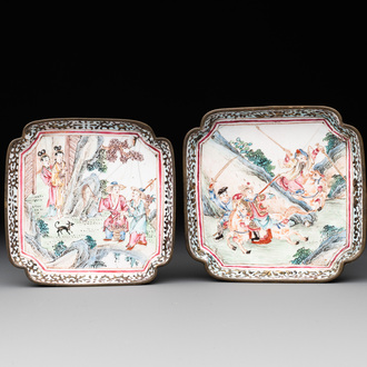 A pair of Chinese Canton enamel square saucers, Shang Xin 賞心 mark, 18th C.