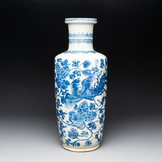 A Chinese blue and white 'phoenix and peony scroll' rouleau vase, Kangxi