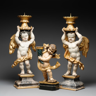 Three gilt and polychromed wooden angel-form candlesticks, Germany, 18th C.