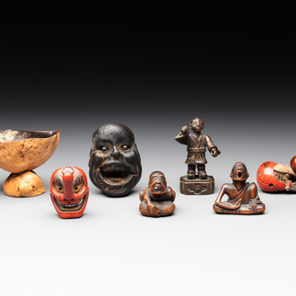Five Japanese netsukes, a bronze figure and a lacquered burl wood cup, 19th C.