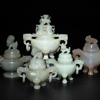 Five Chinese jade and agate incense burners and covers, 20th C.