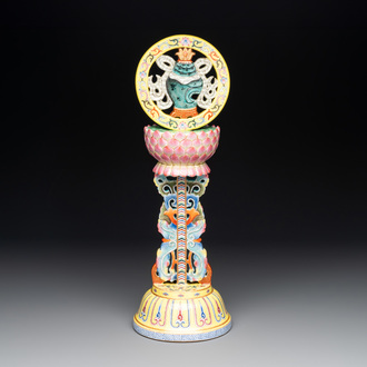 A large Chinese famille rose Buddhist emblem altar ornament, Qianlong mark and of the period