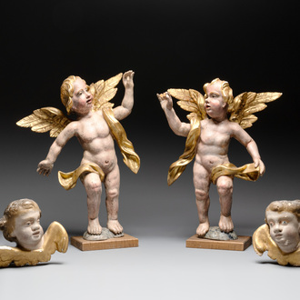 Two pairs of gilt and polychromed wooden figures of angels, Germany, 18/19th C.