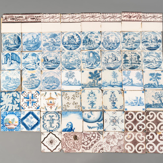 A collection of 54 blue, white, manganese and polychrome Dutch Delft tiles, 17/18th C
