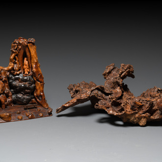 A Chinese carved wooden group and a natural root sculpture, 20th C.