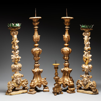 Five gilt-lacquered Baroque candlesticks, probably Germany, 18/19th C.