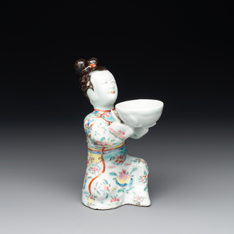A Chinese famille rose figure of a lady presenting a bowl, Qianlong