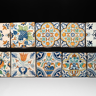 Ten polychrome Dutch Delft tiles with floral design, including Haarlem, 17th C.