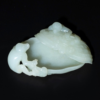 A Chinese white jade 'monkey and lingzhi' brush washer, 19/20th C.