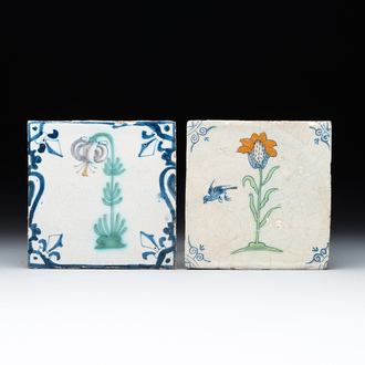 Two polychrome Dutch Delft 'flower' tiles, 17th C.