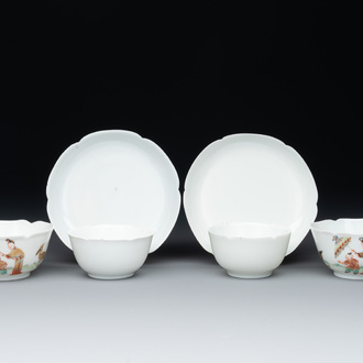 A pair of Chinese eggshell white-glazed cups and saucers, and two famille rose cups, 18th C.