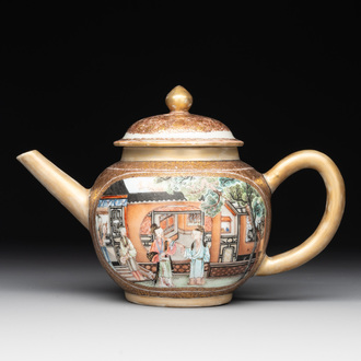A fine Chinese Canton famille rose teapot with figures in a garden, Yongzheng