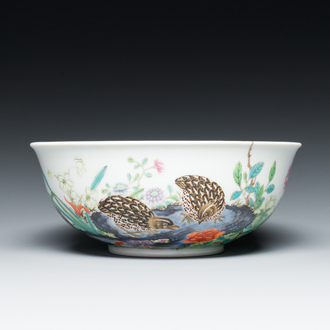 A Chinese famille rose 'quails' bowl, Yongzheng mark, 20th C.