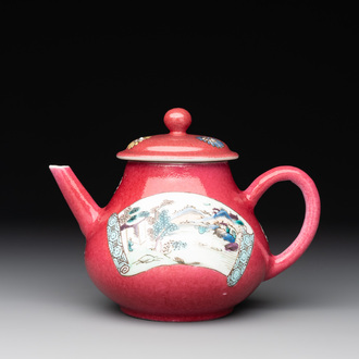 A Chinese famille rose ruby-ground 'landscape scroll' teapot, Yongzheng