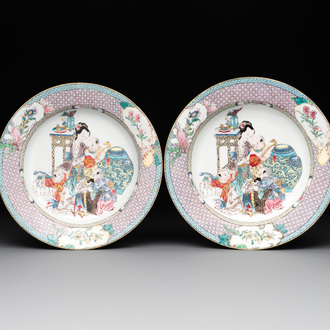 An extremely fine pair of Chinese famille rose 'ruby back' eggshell plates with a lady and playing boys, Yongzheng