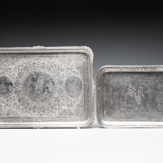 Two silver trays with engraved figural design, Iran, 20th C.