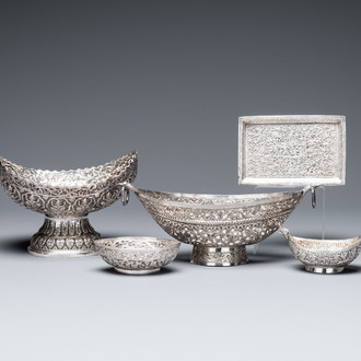 Four silver Kashkul bowls and a rectangular tray, India and Persia, 19/20th C.