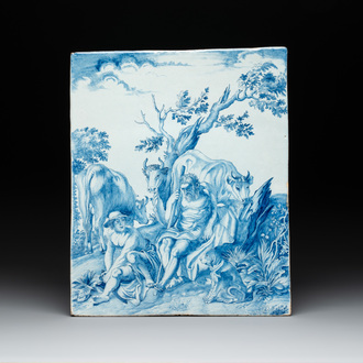 A large and fine blue and white Dutch Delft 'Mercury and Argus' plaque after Jacob Jordaens, 18th C.