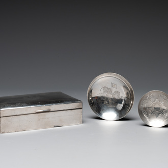 A Japanese silver cigar box with imperial crest and two commemorative silver sake cups, 19/20th C.