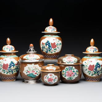 Three Chinese famille rose capucin-brown-ground vases and three covered sugar bowls, 18/19th C.