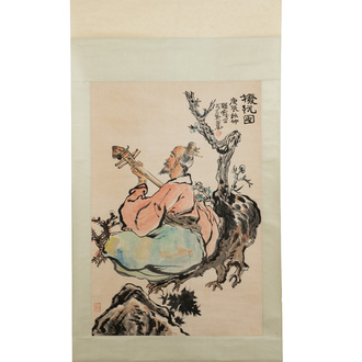 Cheng Shifa 程十发 (1921-2007): 'Pipa playing sage', ink and colour on paper, dated 2000