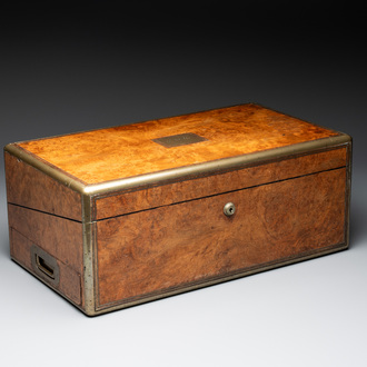 A burlwood- and rosewood veneered travel writing box, Pearce Maker 77 Cornhill London, dated 31st Dec. 1859