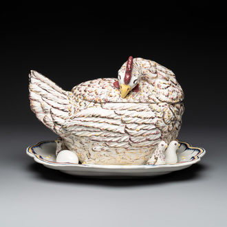 A polychrome French faience 'hen' tureen and cover, Ferrière-la-Petite, 18th C.