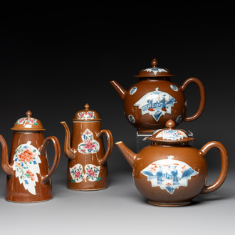 A pair of large Chinese Imari-style capucin-brown-ground teapots and two famille rose chocolate pots, Qianlong
