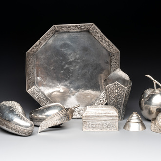 Eight silver betel chewing utensils, Southeast Asia, 19/20th C.