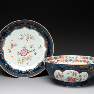 A large Chinese famille rose blue-ground punch bowl and dish, Qianlong