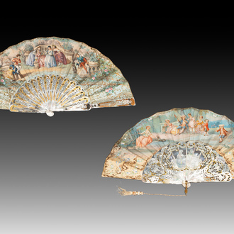 Two folding fans, watercolour on paper and mother-of-pearl, France, 19th C.