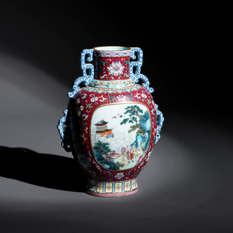 A fine Chinese famille rose ruby-sgraffito-ground 'Hai Wu Tian Shou 海屋添壽' vase with 'chilong' handles, Qianlong mark and of the period